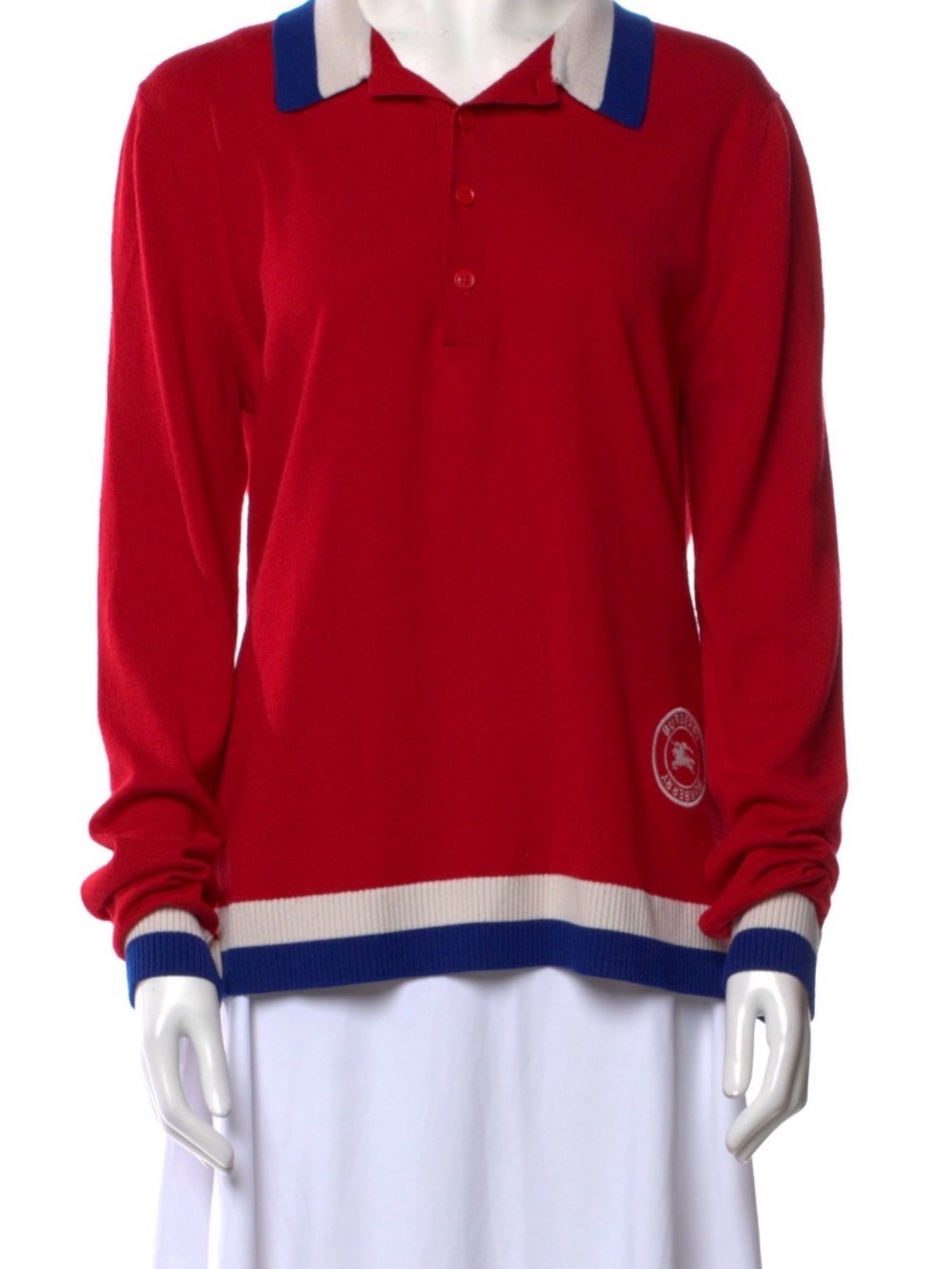 Burberry Red V-Neck Sweater with Blue and Cream Trim